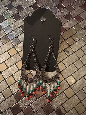 Bohemian Silver-Tone Crescent Dangle Earrings with Turquoise & Coral Beads